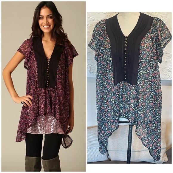 FP One Free People Women Floral Sheer Boho Mini Dress Tunic Sz XS / Small - Picture 1 of 9